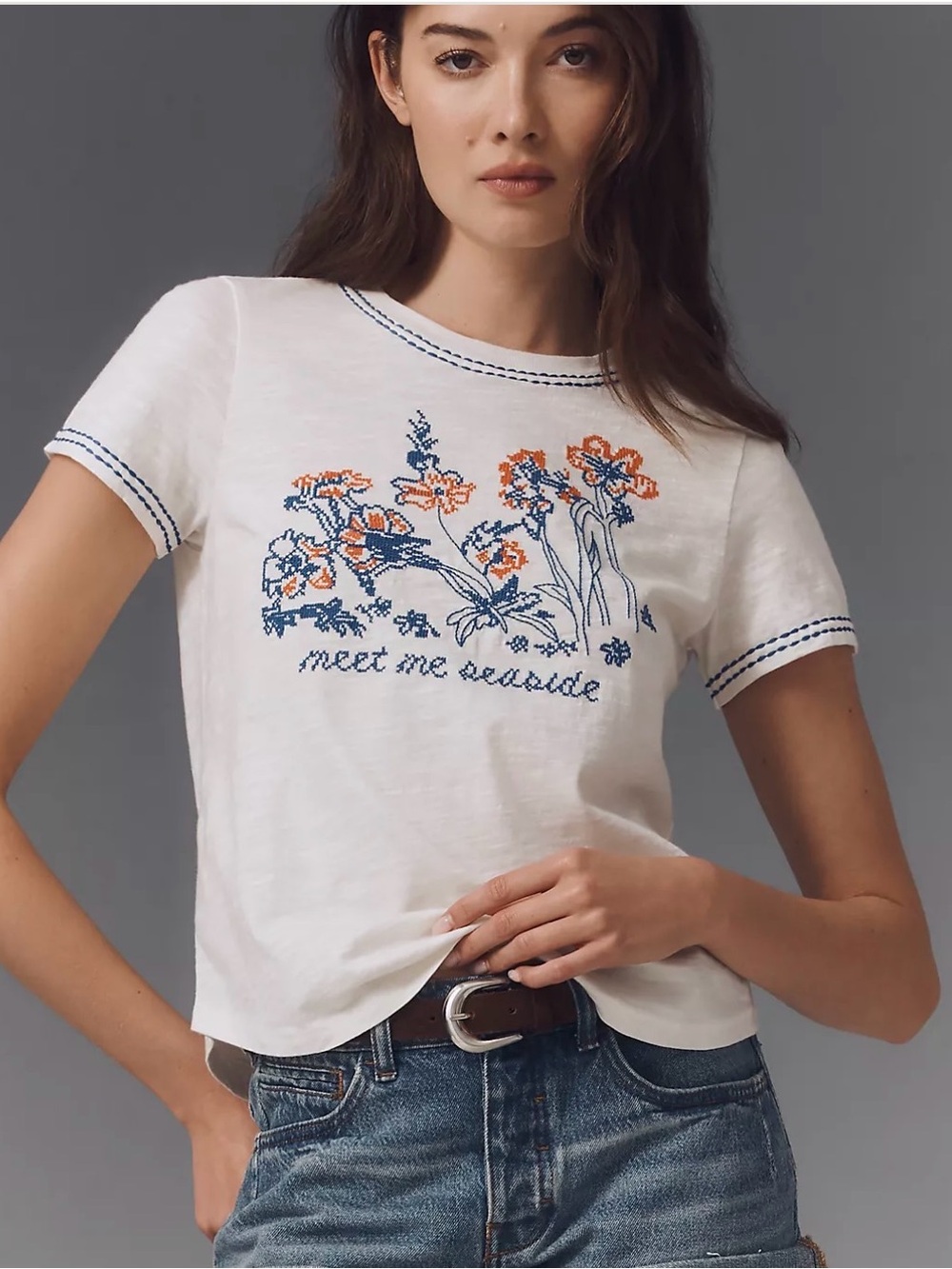 Pilcro/Anthropologie "Meet Me Seaside" Embroidered Tee – M- White/Blue- MSRP $68 - Picture 3 of 16